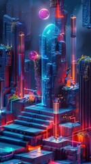 Breathtaking futuristic cityscape with towering skyscrapers glowing neon structures and luminous orbs floating in a vibrant surreal landscape  This digital depicts a captivating vision of a high tech