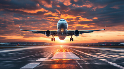 airplane taking off from airport at sunrise for background