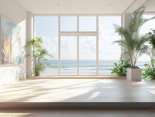 A large window overlooks the ocean, with a potted plant and a painting on the wall. The room is empty, with a wooden floor and a white wall. Scene is calm and serene, with the ocean