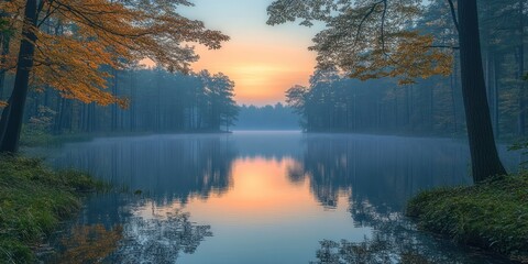 Wall Mural - Misty Sunrise Over a Still Lake in a Forest