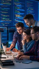 Coders discussing about source code compiling discovers errors and asks the rest of the team for explanations in front of multiple screens running algorithms. software developers doing teamwork.