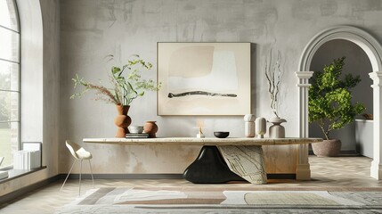 Modern Interior Design with Abstract Art and Wooden Console Table