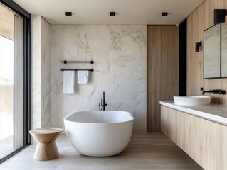 Wall Mural - A bathroom with a white bathtub and a wooden vanity. The bathroom has a modern and clean look