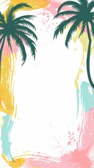 Wall Mural - A colorful tropical scene with three palm trees and a blue wave