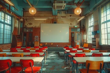 Empty Classroom with Red Chairs