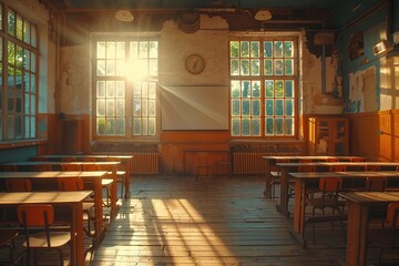 Sticker - Abandoned Classroom with Sunlight Stream