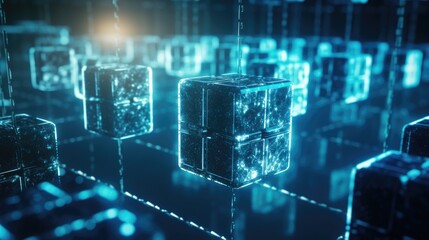 Wall Mural - a futuristic and abstract image of glowing blue cubes suspended in space.