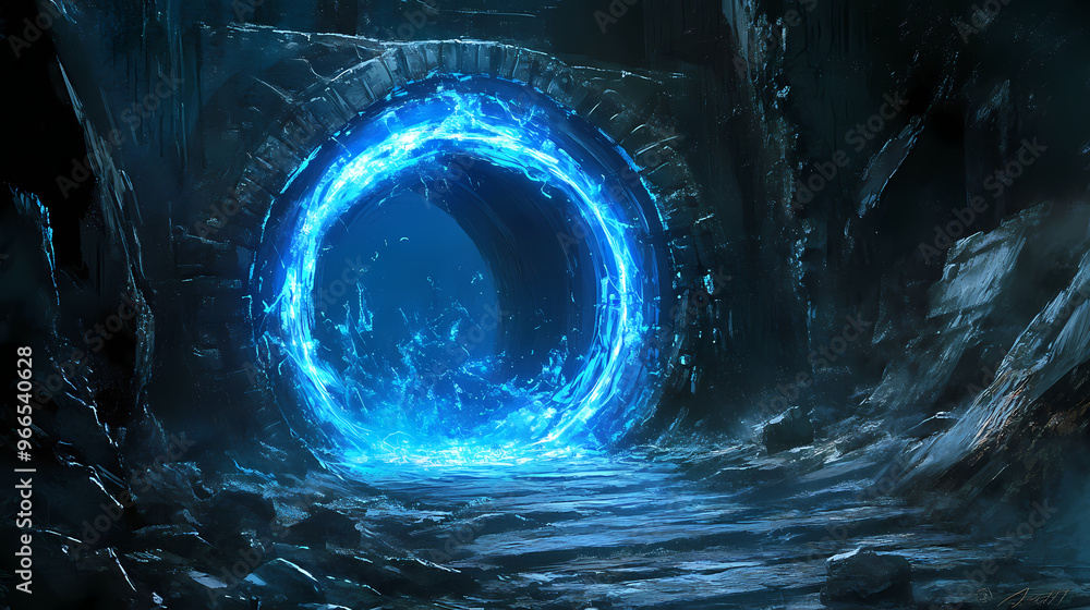 Mysterious glowing blue portal in a dark, ancient stone structure ...