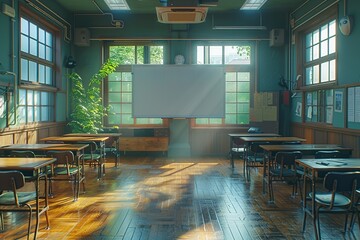 Sticker - Empty Classroom with Sunlight Streaming Through Windows