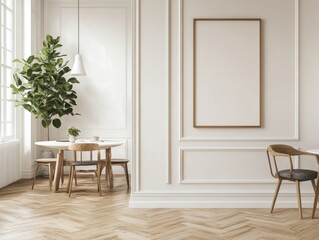 Wall Mural - A white room with a large picture frame on the wall and a wooden table with chairs around it