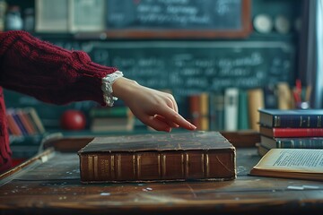 Wall Mural - A hand rests on an old book in a cozy library setting.