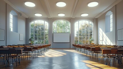 Sticker - Empty Classroom with Large Windows and Sunlight