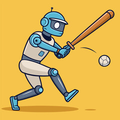 Wall Mural - a robot swinging a bat and hitting a home run in baseball, vector illustration cartoon