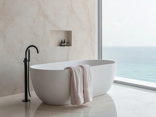 Wall Mural - A bathtub with a towel draped over it and a black faucet. The bathroom is located near the ocean