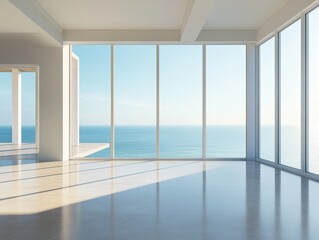 Wall Mural - A large open room with a view of the ocean. The room is empty and has a lot of windows