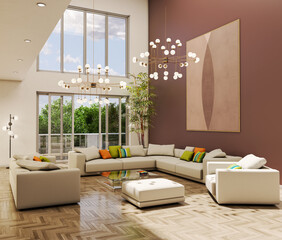 Wall Mural - Large luxury modern bright interiors Living room mockup illustration 3D rendering image