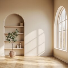 A white room with a plant in a vase and a bookshelf. The room is empty and has a minimalist feel