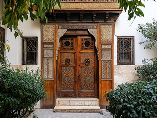 The front door of a building is ornately carved and has a gold trim