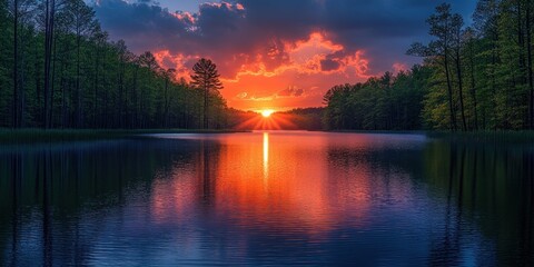 Wall Mural - Sunset Reflection on a Still Lake Surrounded by Trees