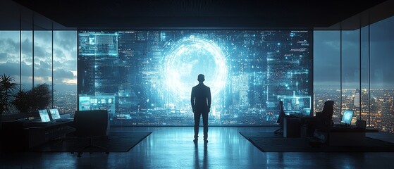 A 3D illustration of a business leader in a modern office, presenting an innovative future strategy using holographic displays and digital tools. The environment is futuristic and collaborative. 3D