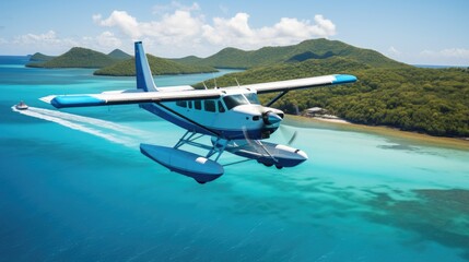 Wall Mural - A seaplane soars over crystal-clear turquoise waters, leaving a foamy trail behind.