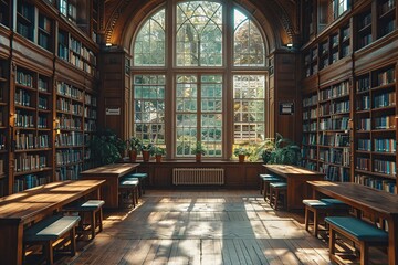 Library Interior with Sunlight Streaming Through Window