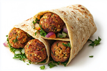 Delicious vegetarian tortilla wrap filled with savory chickpea shawarma, vibrant vegetables, and fresh herbs for a tasty meal