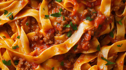 Wall Mural - a close-up, top-down view of tagliatelle with bolognese sauce, filling the entire frame with the focus on the pasta's intricate details