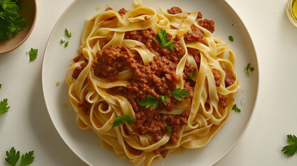 Wall Mural - a flat lay, top-down view of a plate filled with tagliatelle with bolognese sauce, styled elegantly for a gourmet magazine spread