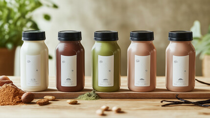 Wall Mural - a lineup of three different flavored soy milk bottles, such as vanilla, matcha, and chocolate, placed on a wooden surface