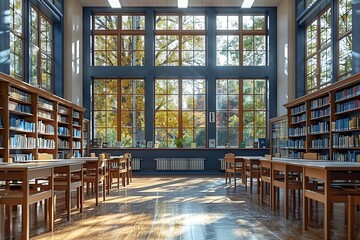 Sticker - Spacious Library with Sunlight Streaming Through Large Windows