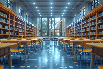 Wall Mural - Spacious Library Interior with Bookshelves and Tables