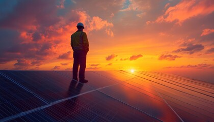 Engineer examines solar panels at sunset, advocating for sustainable energy and a greener future