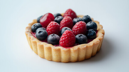 Wall Mural - a small fruit tart with fresh berries and a glaze finish against an isolated white background