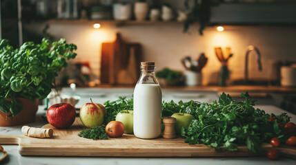 Wall Mural - a rustic kitchen countertop with a bottle or glass of soy milk surrounded by fresh vegetables, fruits, and herbs like spinach, apples, and parsley