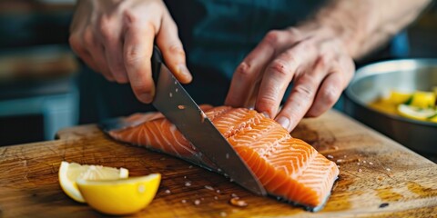 Poster - Chef cutting salmon fillet with a knife on a wooden table in the kitchen Man preparing omega rich fish with lemon for a healthy diet