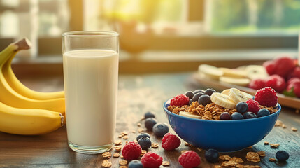 a vibrant morning scene featuring a glass of soy milk next to a bowl of granola, fresh berries, and sliced bananas on a rustic wooden table