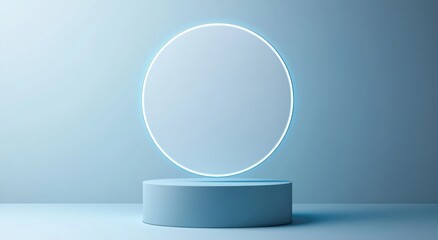 Minimalist floating card with blue glowing edges on a round platform in a soft blue background