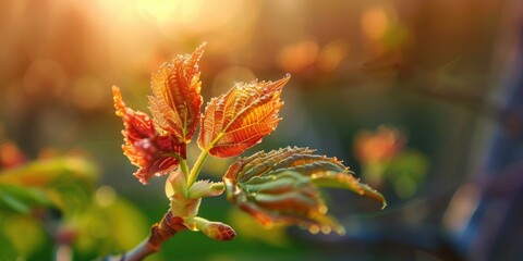 Sticker - Close up of Fresh Red Brown and Green Leaves Bursting from Sycamore Bud in Spring Woodland