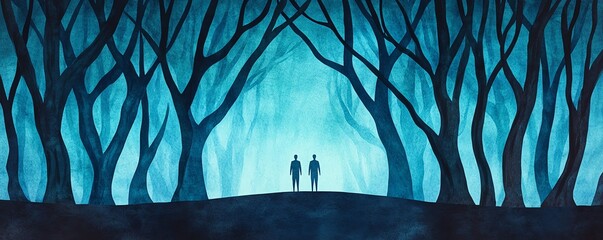 A mysterious forest scene with silhouettes of two people standing under dark, twisted trees illuminated by an ethereal blue light.