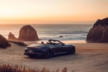 Stunning convertible sports car at the beach during golden hour with rock formations in background