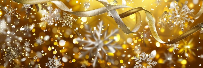 Wall Mural -  Christmas banner with golden ribbon, snowflakes, and bokeh lights for festive holiday designs and promotions