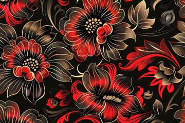  Floral khokhloma pattern: vibrant Russian folk art design with red and gold flowers on black background