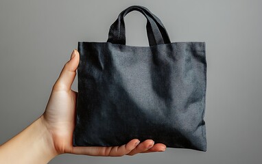 Wall Mural - A hand holding a small black tote bag against a grey background.