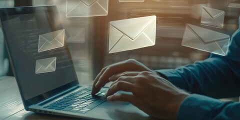 Fototapete - businessman working with laptop sending email on virtual screen, email marketing concept, sending mass e-mails or digital newsletter to manage relationship with customers