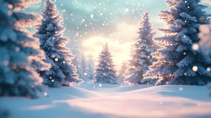 beautiful christmas trees on abstract winter background, snow covered open winter landscape at snowf