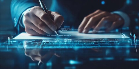 Fototapete - man hands are always signing electronic documents on screen, convenient operation on digital system