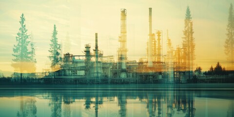 Wall Mural - double exposure of laboratory test tube and oil refinery plant