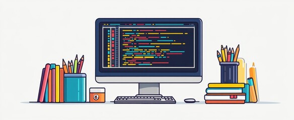 Modern workspace with computer displaying colorful code, surrounded by books and pencils for creative and educational use