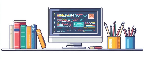 Computer monitor displaying colorful coding interface alongside computer books and pencils in an organized workspace setting